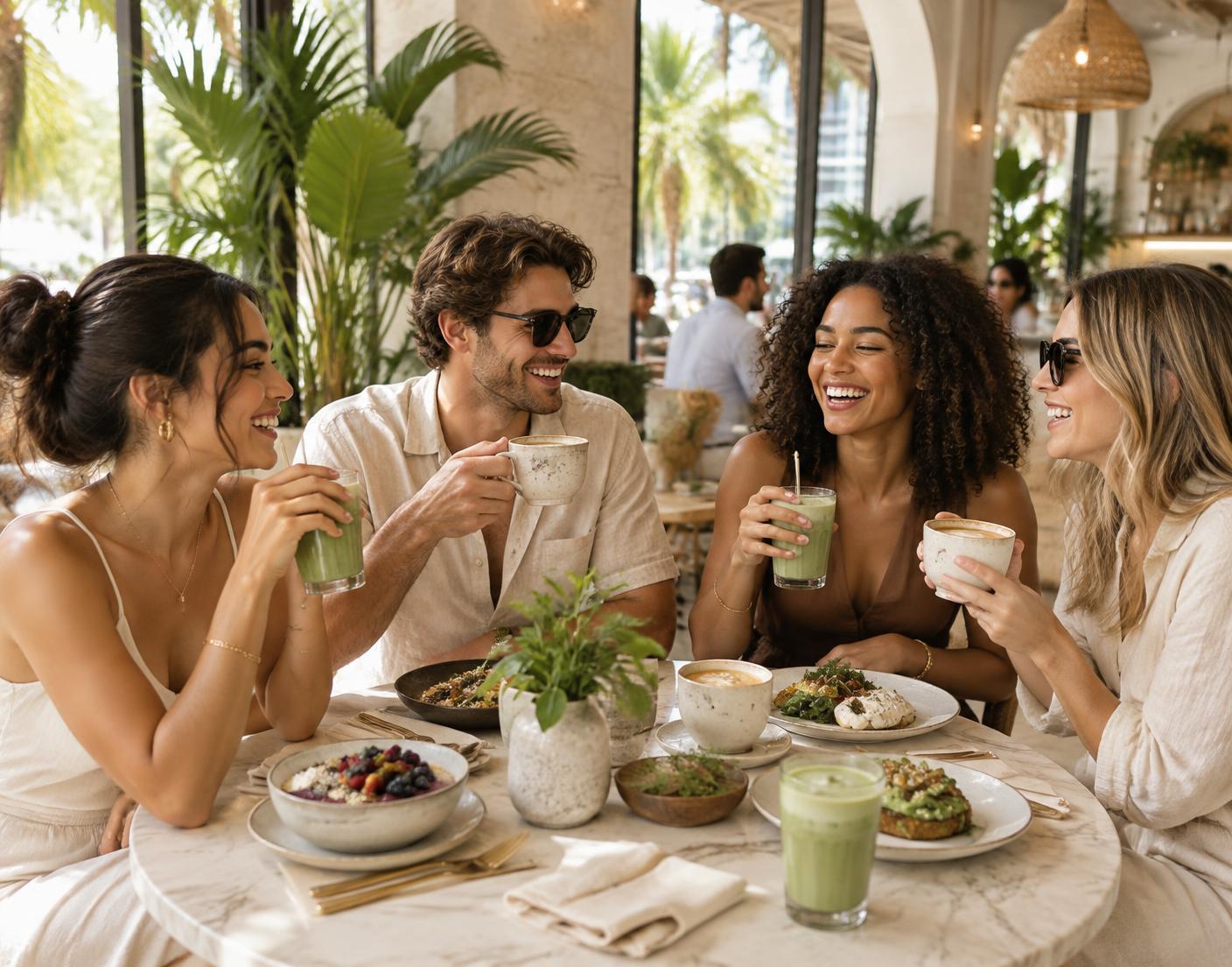 Friends enjoying brunch, matcha, and coffee together
