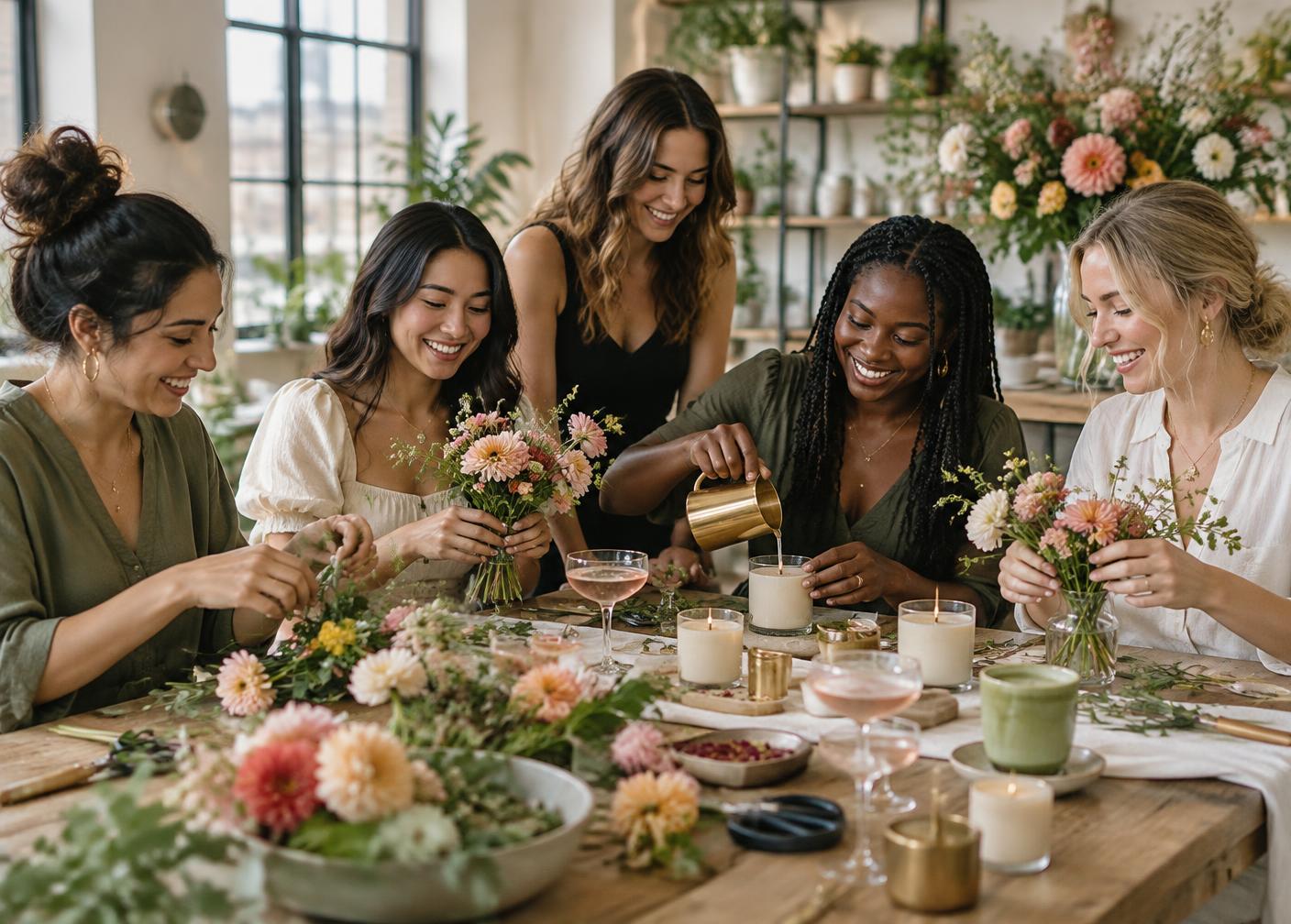 Women enjoying a flower arranging workshop together