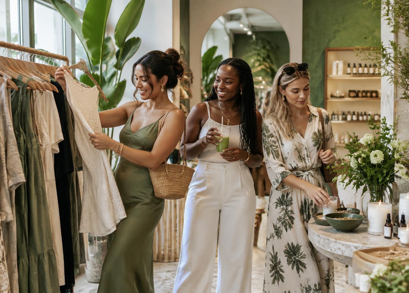 Friends discovering a local boutique